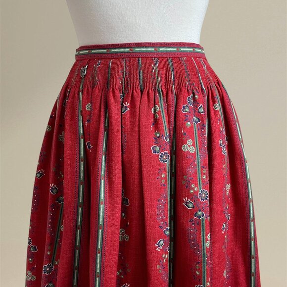 Vintage Dirndl Red Floral Print High-Waisted Midi Flared Prairie Folk Skirt - Picture 1 of 11